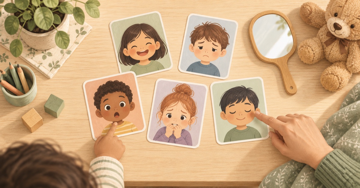 Illustration of a parent and child exploring emotion cards with a mirror and teddy bear.
